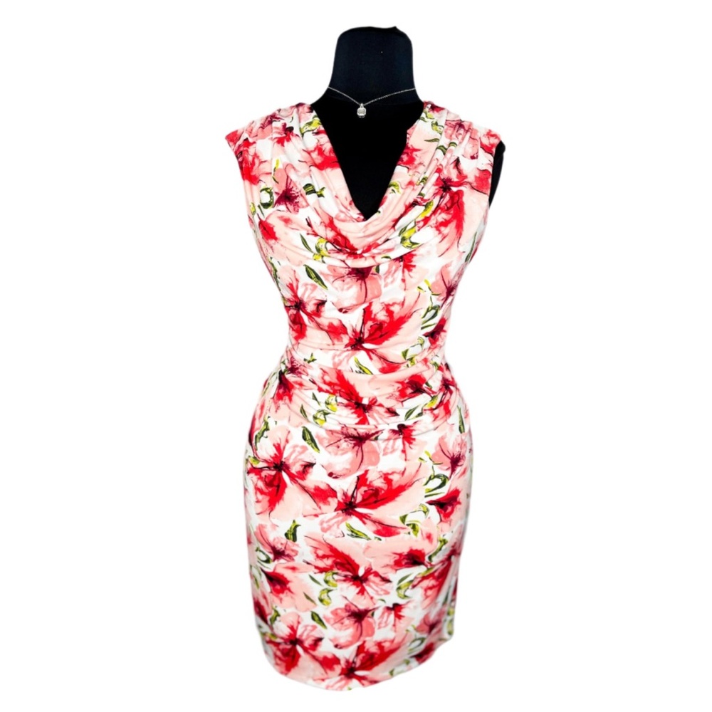 White House Black Market Red and Pink Sheath Dress Cowl Neck Midi